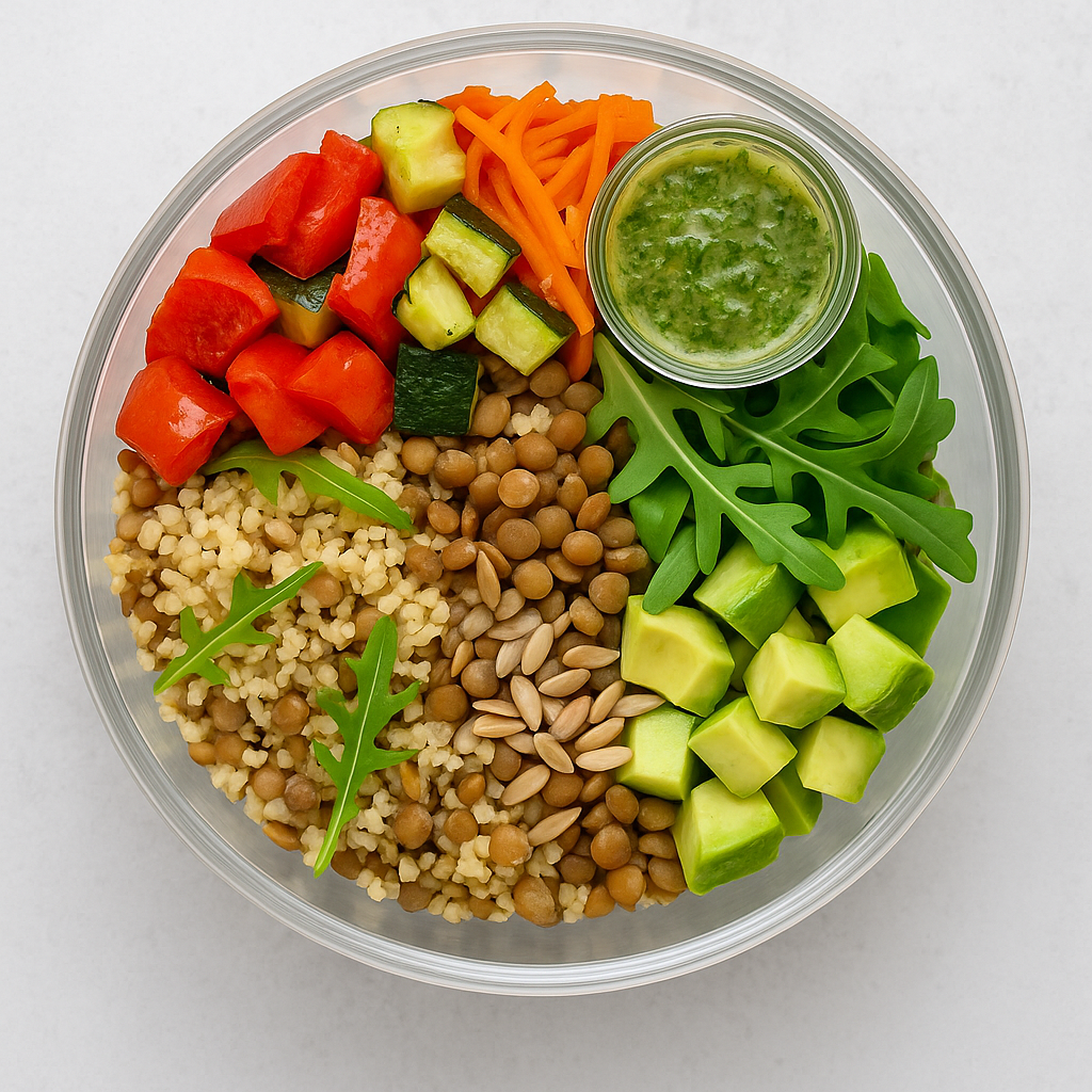 Linsen-Bulgur-Salat mit Ofengemüse & Kräuter-Dressing