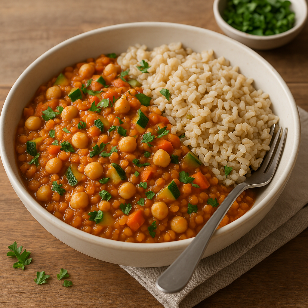 Linsen-Kichererbsen-Pfanne mit Vollkornreis