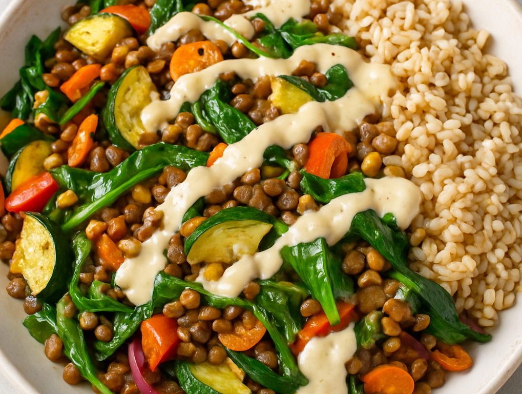 Schnelle Gemüsepfanne mit Linsen, Vollkornreis & Tahini-Zitronen-Soße