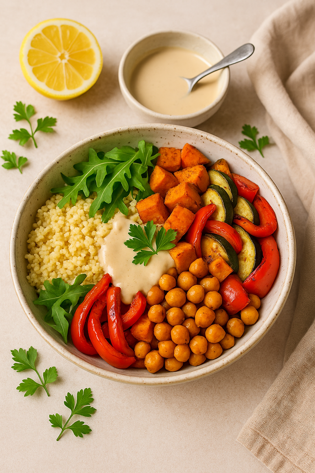 Hirse-Bowl mit Ofengemüse, Kichererbsen & Tahini-Dressing
