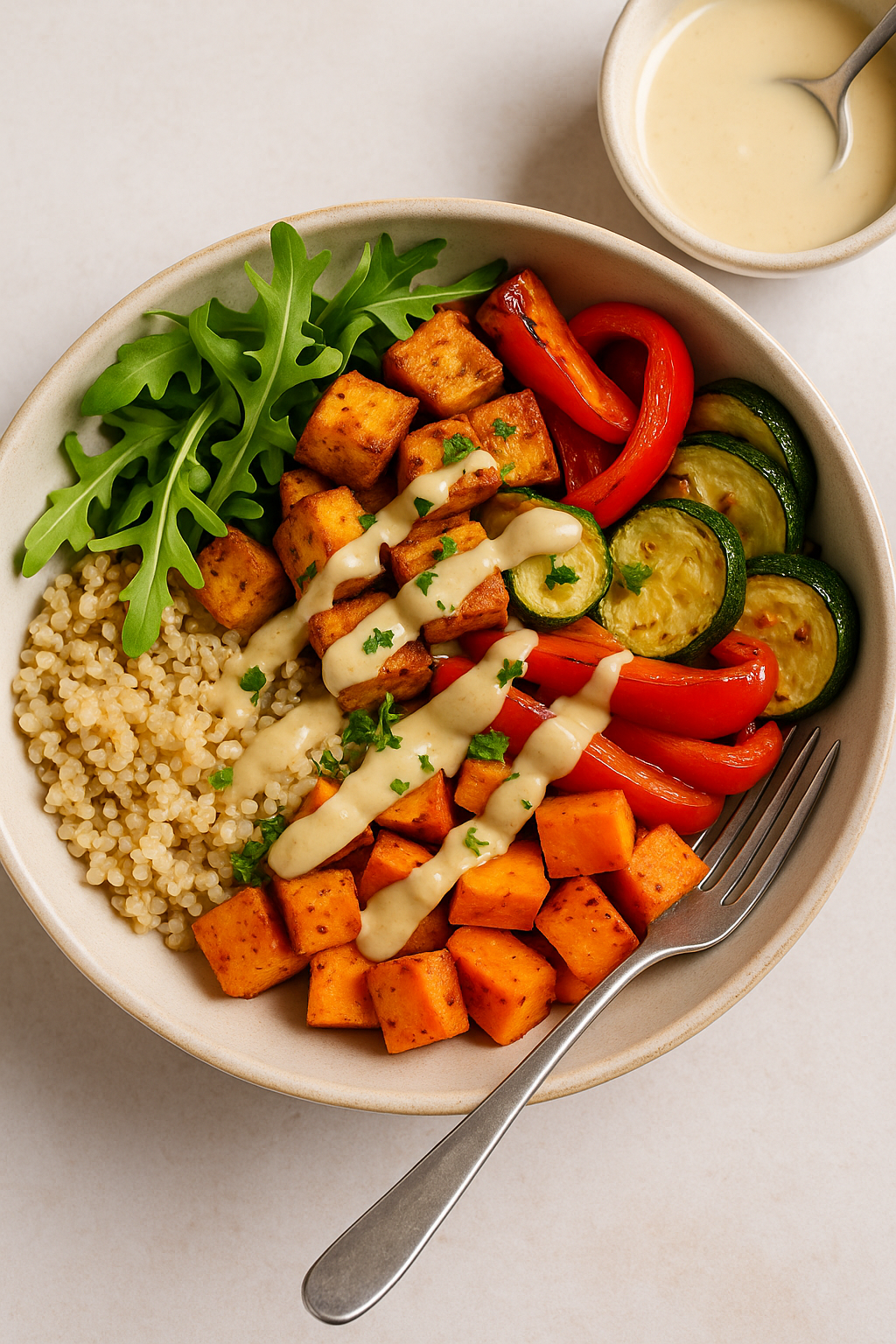 Gemüse-Tofu-Bowl aus dem Air-Fryer mit Tahini-Zitronen-Dressing