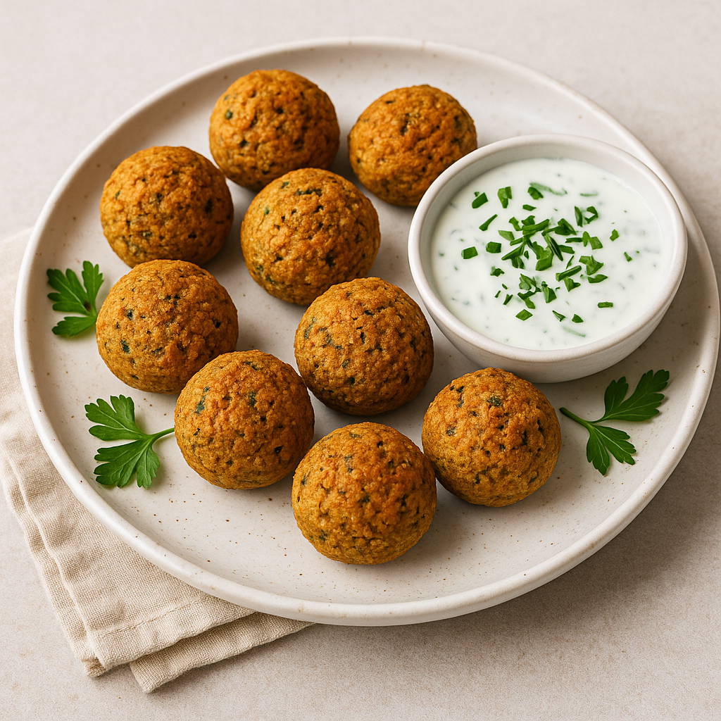 Air-Fryer: Knusprige Kichererbsen-Bällchen mit Joghurt-Kräuter-Dip